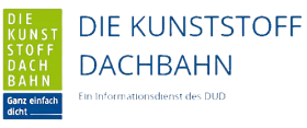 Bild eines blau-grünen Schildes mit deutschem Text: „Die EPS-Hartschaum Dachbahn – Die luftdicht solide Dach!“ und einem Untertitel mit der Aufschrift "Eine Info