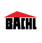 Das Bild zeigt ein einfaches Logo mit dem Wort „bachl“ in fetten, schwarzen Großbuchstaben auf einem grünen Hintergrund. Über dem Text befindet sich ein stilisiertes rotes Dach, das an ein Haus oder