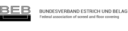 Logo des Bundesverbandes Estrich und Belag mit dem Akronym „BEB“ in großen, fetten Buchstaben, über dem vollständigen Namen in deutscher und englischer Übersetzung „Federal Association