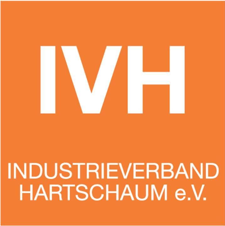 Logo des Industrieverbandes Hartschaum e.V. mit den Initialen „ivh“ in großen weißen Buchstaben zentriert auf einem orangefarbenen Hintergrund, mit dem vollständigen Namen und „nachhaltiger