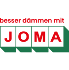 Logo mit dem Wort „joma“ in weißen Großbuchstaben auf grünen Blöcken, darunter ein rotes Banner mit dem weißen Text „besser dämmen mit Styropor“. Der Hintergrund ist