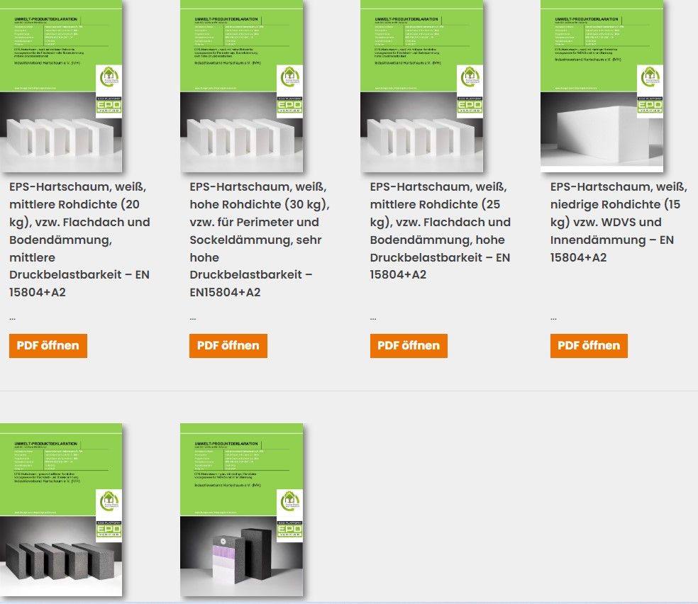 Acht digitale Miniaturansichten zeigen Produktinformationsblätter zur Styropor-Dämmung, jeweils mit einer grünen Kopfzeile und unterschiedlichen Gewichten und Druckfestigkeiten. Auf jedem sind Schaltflächen zum Öffnen des PDF-Dokuments vorhanden.