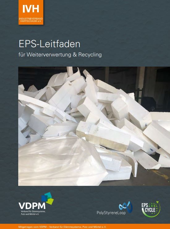 Cover des „eps-leitfadens für Weiterverwertung & Recycling“ mit einem Haufen weißer Styropor-Abfälle, mit den Logos von ivh, vdpm und eps