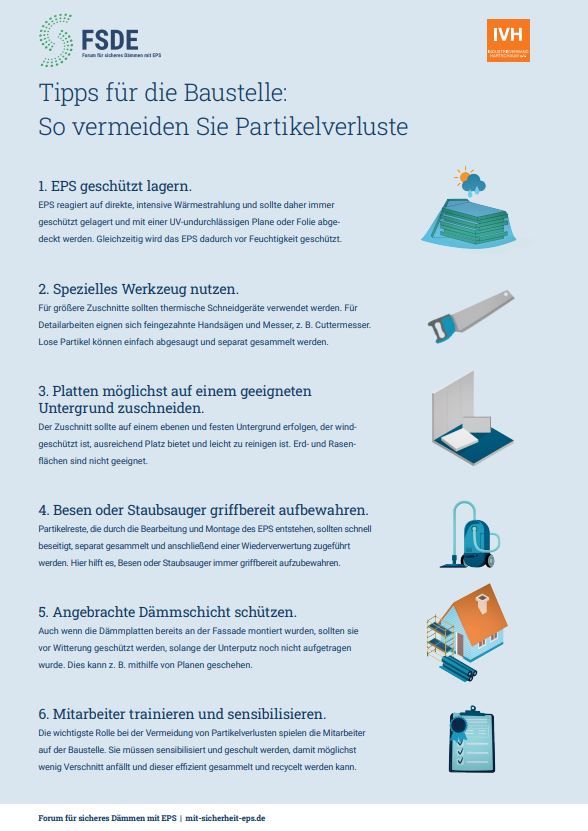 Das Bild zeigt eine Infografik mit Tipps zur Reduzierung des Partikelverlusts beim Bauen mit EPS-Hartschaum. Symbole stellen Bauaktivitäten, Werkzeuge und vorbeugende Maßnahmen in einem visuellen und textlichen Format dar. Der Inhalt ist