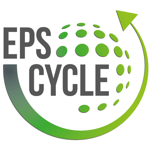 Das Logo des EPS-Hartschaum-Zyklus besteht aus einem stilisierten grünen und grauen Globus mit runden Löchern, umgeben von einem grünen Pfeil, der ein Recyclingsymbol bildet, auf einem dunklen Hintergrund.