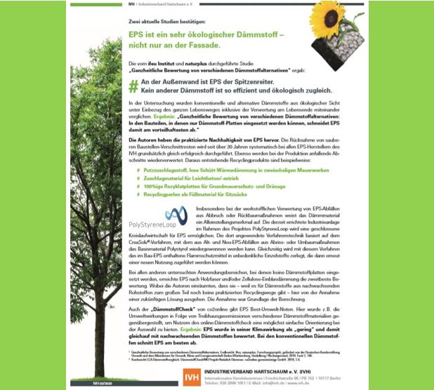 Ein Bild einer Zeitschriftenseite mit einem Artikel in deutscher Sprache über ökologische Dämmstoffe, mit hervorgehobenem Text und einem Bild von Sonnenblumen, Infografiken und Logos am unteren Rand. Der Artikel befasst sich speziell mit EPS