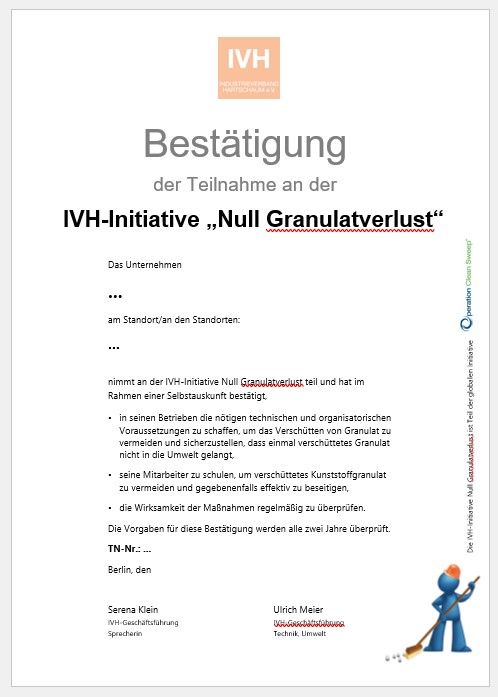 Ein Dokument mit dem Titel „Bestätigung der Teilnahme“ des IVH zur Initiative „Nachhaltiger Dämmstoff“. Es enthält Veranstaltungsdetails, Unterschriften und ein Logo eines