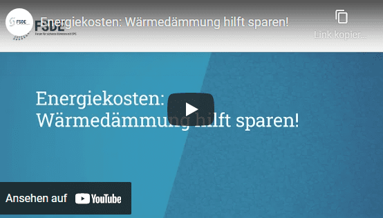 Ein Miniaturbild für ein YouTube-Video mit dem Titel "Energiekosten: Wärmedämmung hilft sparen!" mit einem Play-Button in der Mitte. Der Hintergrund ist diagonal zwischen dunklen