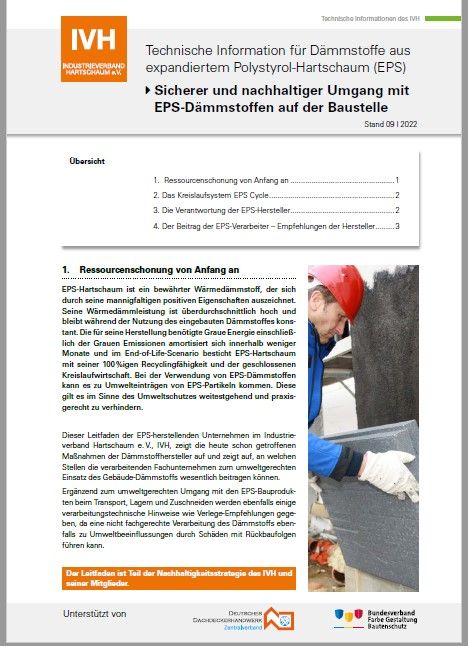Ein Screenshot eines digitalen Dokuments mit dem Titel „Technische Informationen des IVH“ zum Thema nachhaltige Nutzung von expandiertem Polystyrol (EPS) als „nachhaltiger Dämmstoff