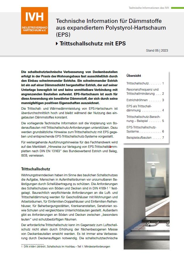 Ein technisches Datenblatt mit dem Titel „Technische Information für nachhaltige Dämmstoffe aus EPS-Hartschaum“ des IVH mit detaillierten Informationen zu Dämmstoffen, gültig ab März 2023. Das Dokument