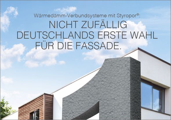 Eine Anzeige mit einer modernen Gebäudefassade in rauem grau-weißem Strukturdesign. Sie enthält einen deutschen Text, der EPS-Hartschaum-Dämmsysteme als Deutschlands erste Wahl für Fassaden anpreist.