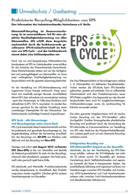 Eine deutsche Dokumentseite mit dem Titel „Umweltschutz / Gastbeitrag“, auf der Recycling-Initiativen in Berlin besprochen werden, wobei der EPS-Hartschaum-Kreislauf mit einem hellgrünen Logo auf der rechten Seite hervorgehoben wird. Seitenzahl