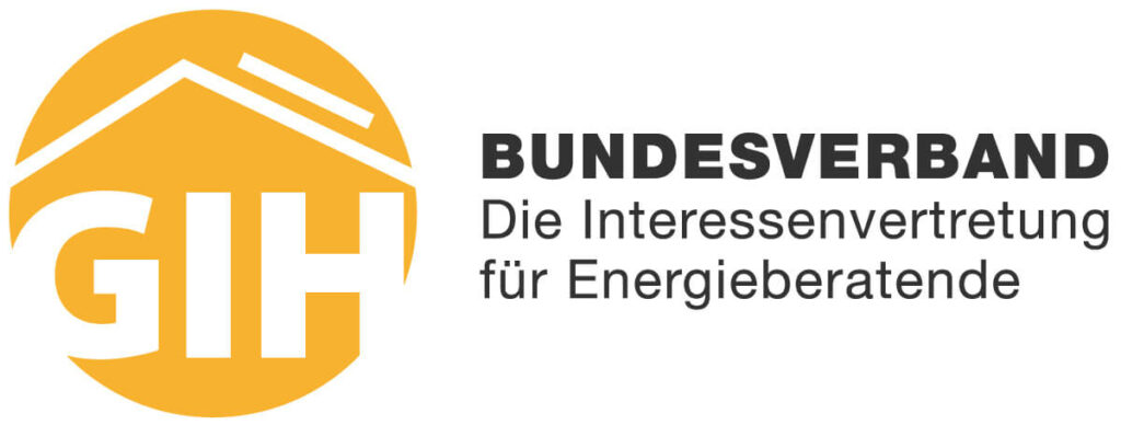 Logo des Bundesverbandes GIH, bestehend aus einem abstrakten orange-gelben Emblem über den Initialen „GIH“, mit dem vollständigen Namen und einer Beschreibung von „nachhaltiger Dämmstoff