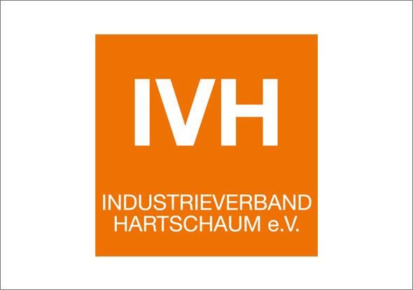 Logo des Industrieverbands Hartschaum e.V. (IVH) mit dem Akronym „IVH“ in fetten weißen Buchstaben zentriert auf einem quadratischen orangefarbenen Hintergrund, mit dem vollständigen Namen im Detail