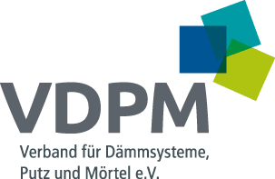 Logo des vdpm (verband für dämmsysteme, putz und mörtel e.v.) mit stilisierten, übereinanderliegenden Quadraten in Blau, Grün und Gelb auf gedecktem Grün