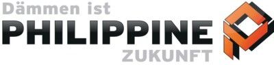 Logo mit dem Satz „Dämmen ist philippine zukunft“ in schwarzer und grauer Schrift, mit einer orangefarbenen geometrischen Form aus nachhaltigem Dämmstoff auf der rechten Seite