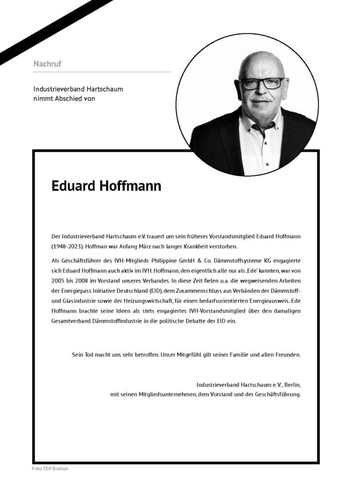 Schwarz-Weiß-Bild von Eduard Hoffmann, einem Mann mittleren Alters mit Brille, in einem runden Rahmen auf einem Dokument mit dem Titel "Industriebrief Hart Schaum" mit Textbeschreibung seiner beruflichen