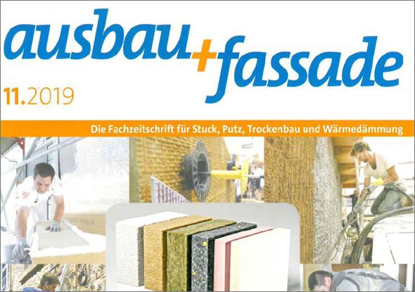 Titelbild der Zeitschrift „ausbau+fassade“, Ausgabe November 2019, mit einer Collage von Bautätigkeiten mit Fokus auf Stuck, Putz, Trockenbau und Dämmstoffen wie EPS