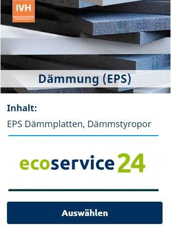 Werbung für EPS-Hartschaum-Dämmstoffe mit einem Stapel dunkelgrauer Schaumstoffplatten. Der Text lautet „Dämmung (EPS-Hartschaum)“ und erwähnt EPS-Dämmplatten und Schaumstoff